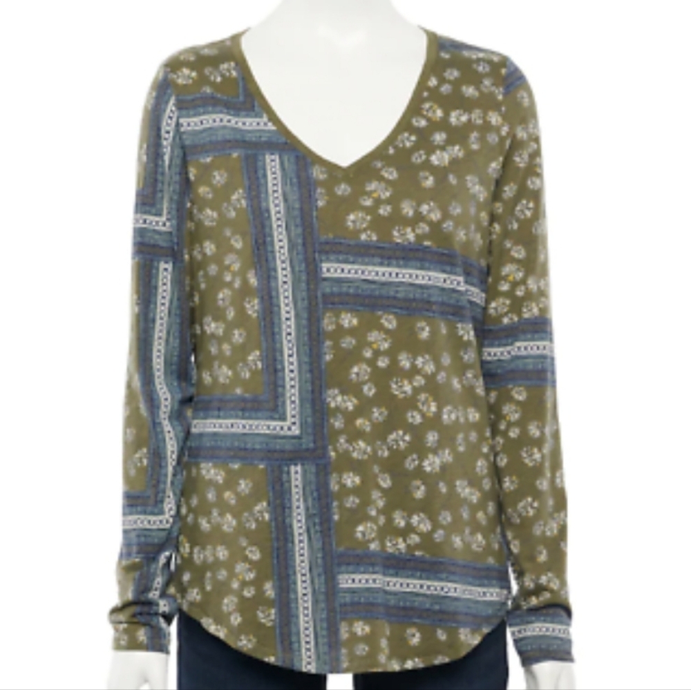 NWOT Sonoma Goods For Life Longsleeve The Everyday Tee Green Blue Pattern